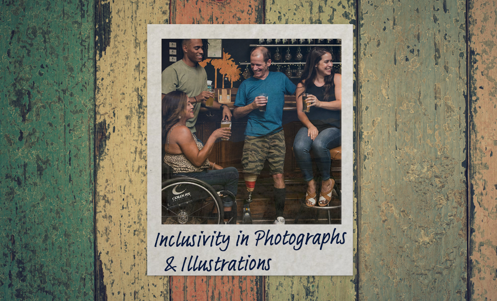 A group of people meet at a bar some disabled, some not. The image is framed in a poloroid photo.